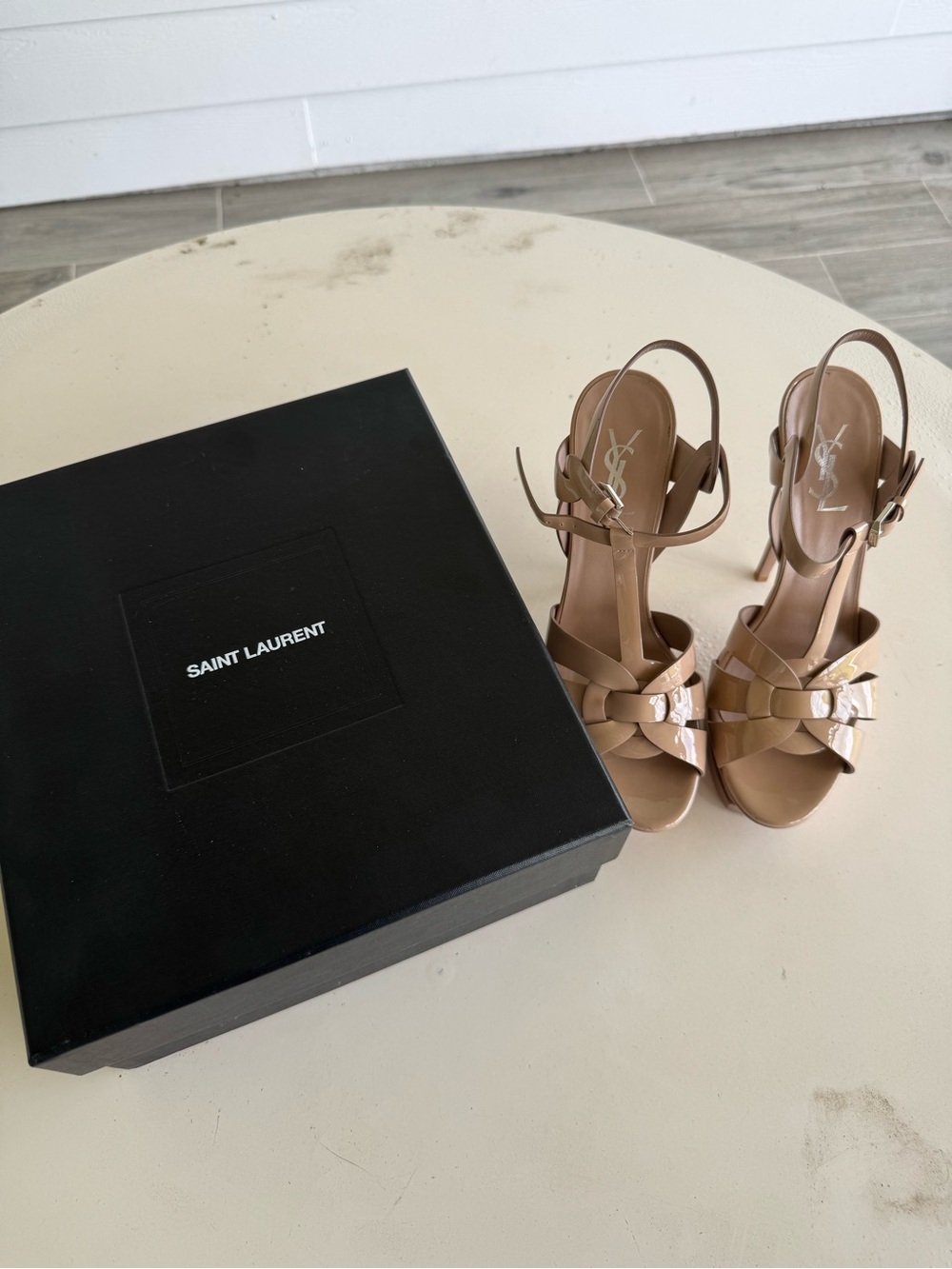 Saint Laurent Nude Patent Leather Knotted High Heel Sandals